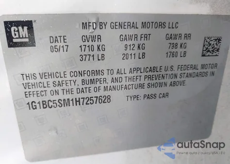 2017 Chevrolet Cruze Ls Auto z USA, uszkodzony, nr VIN 1G1BC5SM1H7257628